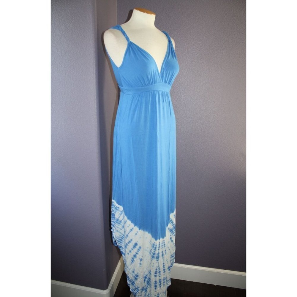 NWT Gypsy 05 La Ba Dee Blue Tie Dye Deep V Bamboo Twist Strap Maxi Dress XS $143